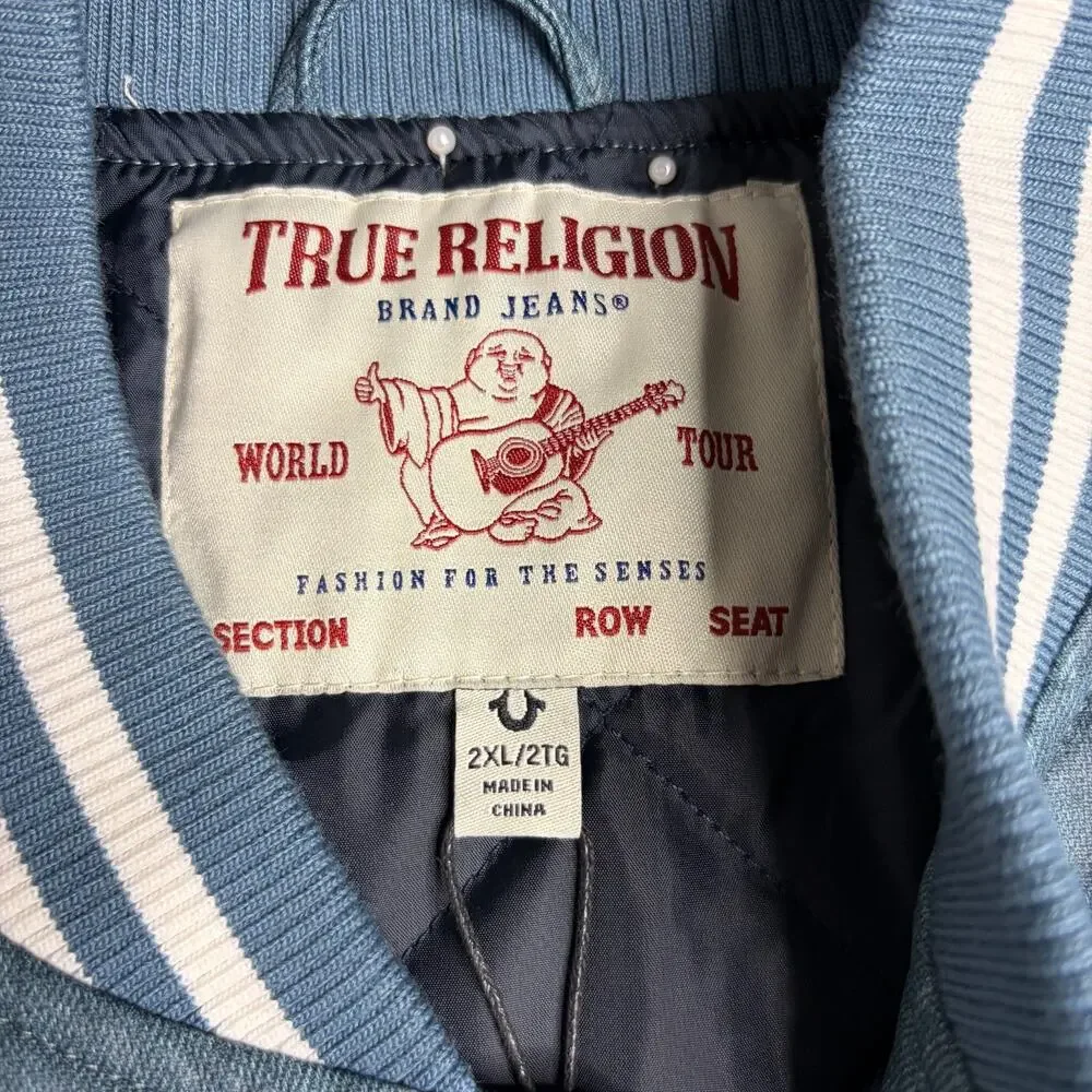TRUE RELIGION Denim Print Varsity Jacket 109881 Cerulean Blue size 2XL New